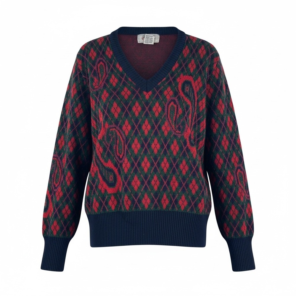 Vintage Hemingway Point Unisex Argyle Paisley Knit Sweater‎ Navy Red Green Small